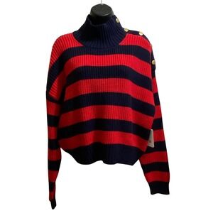 Free Assembly Womens Mock Neck Button Shoulder Striped Sweater Red Navy Blue L